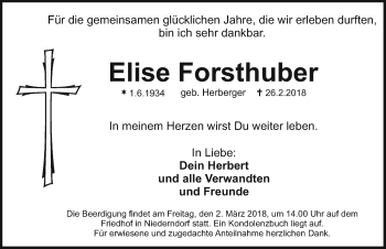 Traueranzeige von Elise Forsthuber von Nordbayerische Nachrichten Herzogenaurach Lokal
