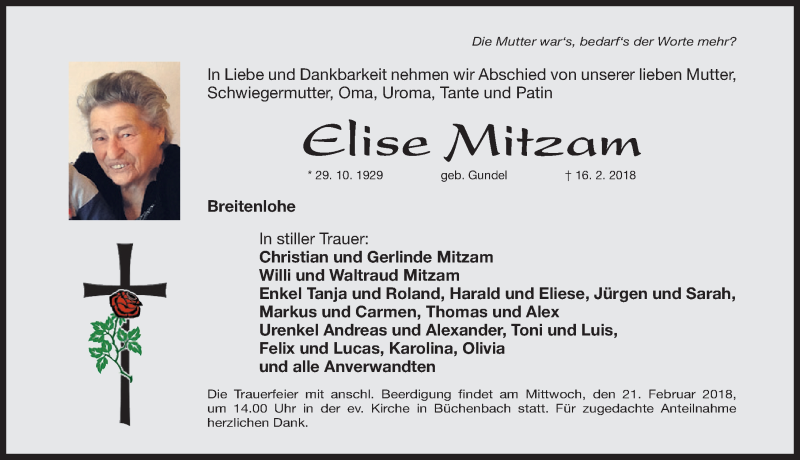  Traueranzeige für Elise Mitzam vom 19.02.2018 aus Schwabach