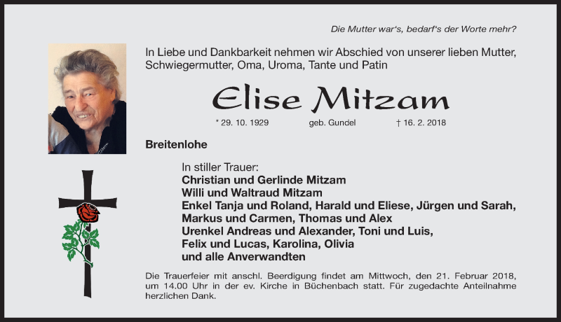  Traueranzeige für Elise Mitzam vom 19.02.2018 aus Roth-Hilpoltsteiner Volkszeitung Lokal