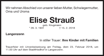Traueranzeige von Elise Strauß von Fürther Nachrichten Lokal