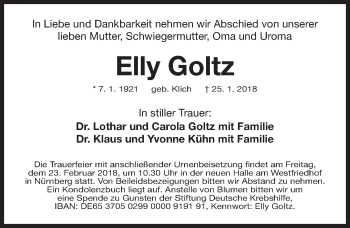 Traueranzeige von Elly Goltz von Gesamtausgabe Nürnberger Nachrichten/ Nürnberger Ztg.
