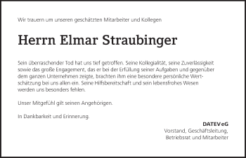 Traueranzeige von Elmar Straubinger von Gesamtausgabe Nürnberger Nachrichten/ Nürnberger Ztg.