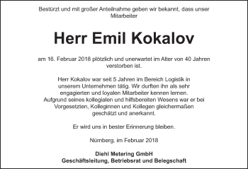 Traueranzeige von Emil Kokalov von Gesamtausgabe Nürnberger Nachrichten/ Nürnberger Ztg.