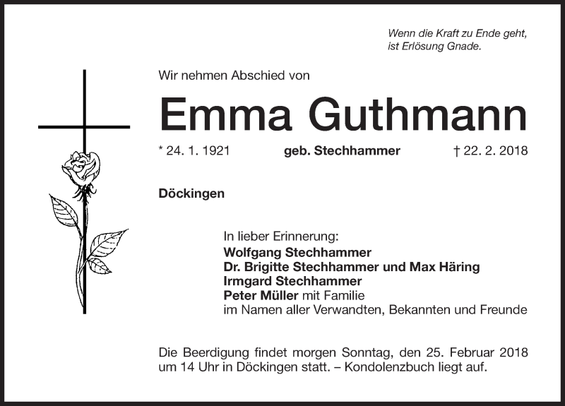  Traueranzeige für Emma Guthmann vom 24.02.2018 aus Altmühl-Bote Lokal