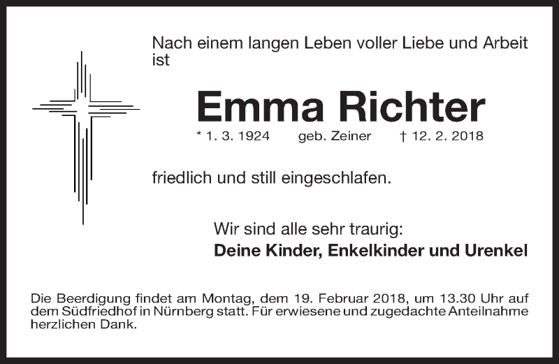  Traueranzeige für Emma Richter vom 16.02.2018 aus Gesamtausgabe Nürnberger Nachrichten/ Nürnberger Ztg.