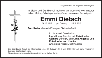 Traueranzeige von Emmi Dietsch von Fürther Nachrichten/ Erlanger Nachrichten