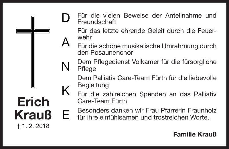  Traueranzeige für Erich Krauß vom 24.02.2018 aus Fürther Nachrichten Lokal