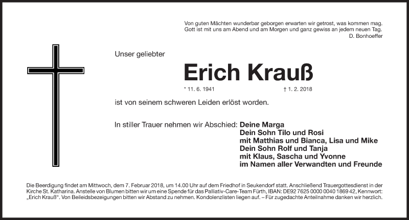  Traueranzeige für Erich Krauß vom 03.02.2018 aus Fürther Nachrichten Lokal