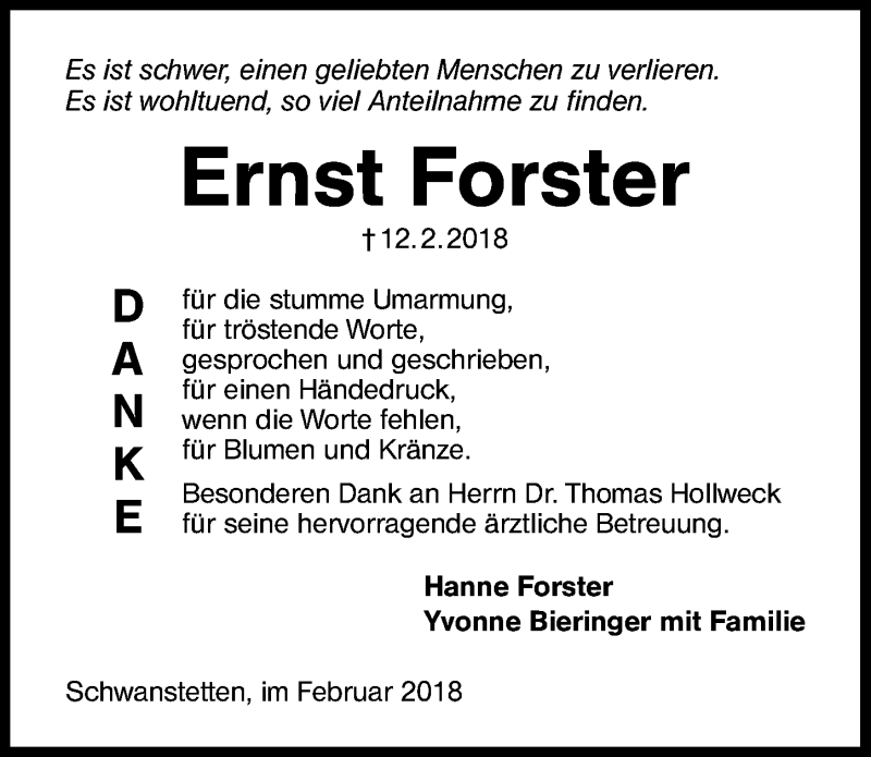  Traueranzeige für Ernst Forster vom 24.02.2018 aus Schwabach