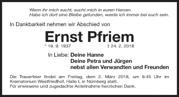 Traueranzeige von Ernst Pfriem von Gesamtausgabe Nürnberger Nachrichten/ Nürnberger Ztg.