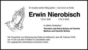 Traueranzeige von Erwin Nierobisch von Schwabach