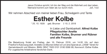Traueranzeige von Esther Kolbe von Gesamtausgabe Nürnberger Nachrichten/ Nürnberger Ztg.
