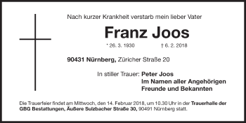 Traueranzeige von Franz Joos von Gesamtausgabe Nürnberger Nachrichten/ Nürnberger Ztg.