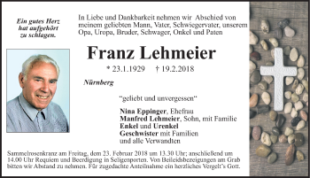 Traueranzeige von Franz Lehmeier von Neumarkter Nachrichten Lokal