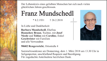 Traueranzeige von Franz Mundschedl von Neumarkter Nachrichten Lokal