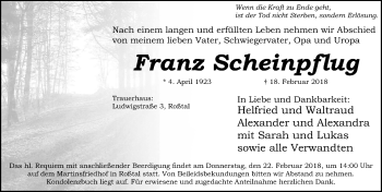 Traueranzeige von Franz Scheinpflug von Gesamtausgabe Nürnberger Nachrichten/ Nürnberger Ztg.
