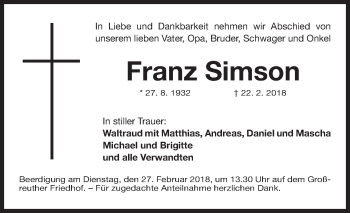 Traueranzeige von Franz Simson von Gesamtausgabe Nürnberger Nachrichten/ Nürnberger Ztg.