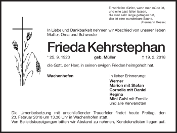 Traueranzeige von Frieda Kehrstephan von Altmühl-Bote Lokal