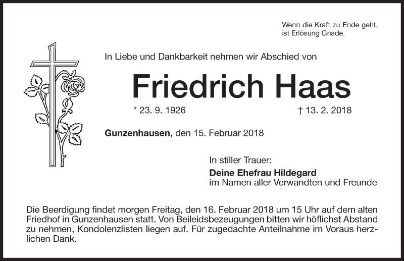 Traueranzeige für Friedrich Haas vom 15.02.2018 aus Altmühl-Bote Lokal