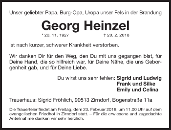 Traueranzeige von Georg Heinzel von Gesamtausgabe Nürnberger Nachrichten/ Nürnberger Ztg.