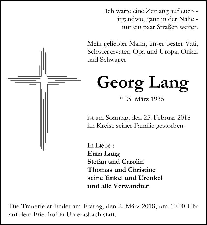  Traueranzeige für Georg Lang vom 28.02.2018 aus Fürther Nachrichten Lokal