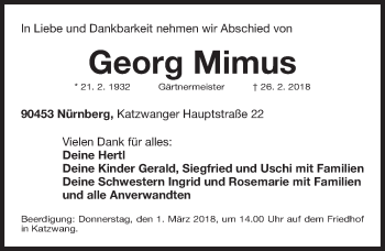 Traueranzeige von Georg Mimus von Gesamtausgabe Nürnberger Nachrichten/ Nürnberger Ztg.