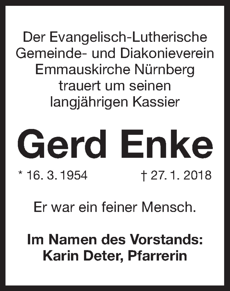  Traueranzeige für Gerd Enke vom 02.02.2018 aus Gesamtausgabe Nürnberger Nachrichten/ Nürnberger Ztg.