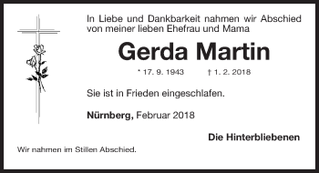 Traueranzeige von Gerda Martin von Gesamtausgabe Nürnberger Nachrichten/ Nürnberger Ztg.