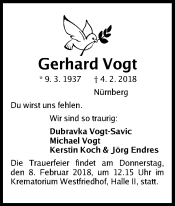 Traueranzeige von Gerhard Vogt von Gesamtausgabe Nürnberger Nachrichten/ Nürnberger Ztg.