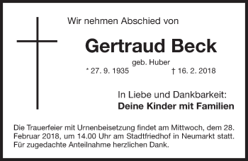 Traueranzeige von Gertraud Beck von Neumarkter Nachrichten Lokal