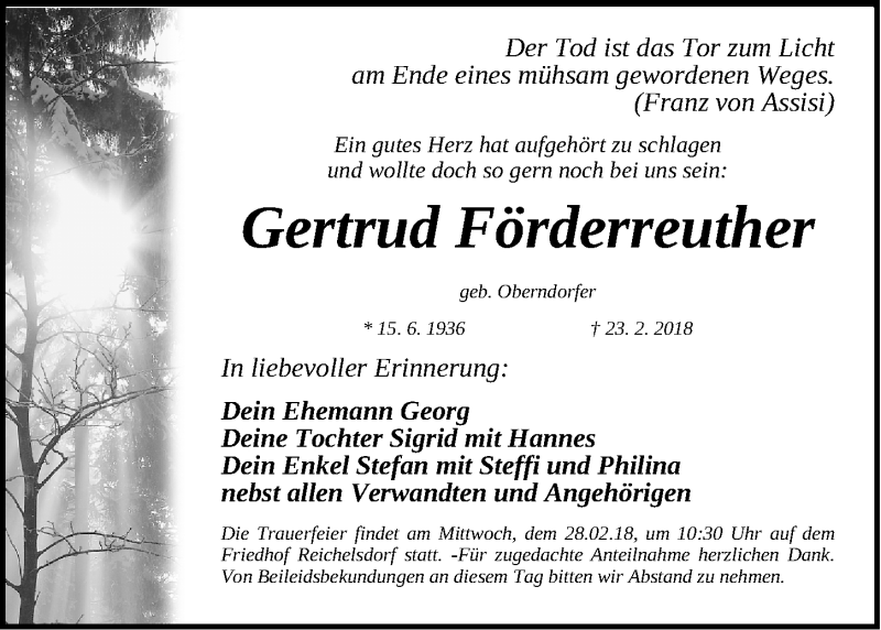  Traueranzeige für Gertrud Förderreuther vom 26.02.2018 aus Gesamtausgabe Nürnberger Nachrichten/ Nürnberger Ztg.