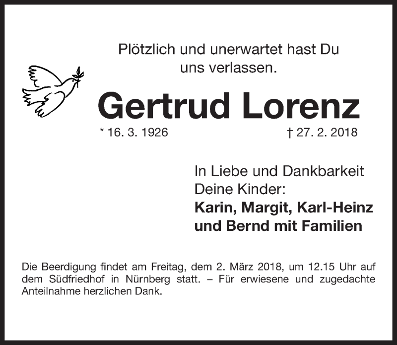 Traueranzeige für Gertrud Lorenz vom 01.03.2018 aus Gesamtausgabe Nürnberger Nachrichten/ Nürnberger Ztg.