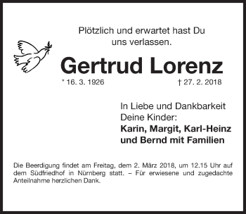 Traueranzeige von Gertrud Lorenz von Gesamtausgabe Nürnberger Nachrichten/ Nürnberger Ztg.