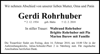Traueranzeige von Gertrud Rohrhuber von Gesamtausgabe Nürnberger Nachrichten/ Nürnberger Ztg.