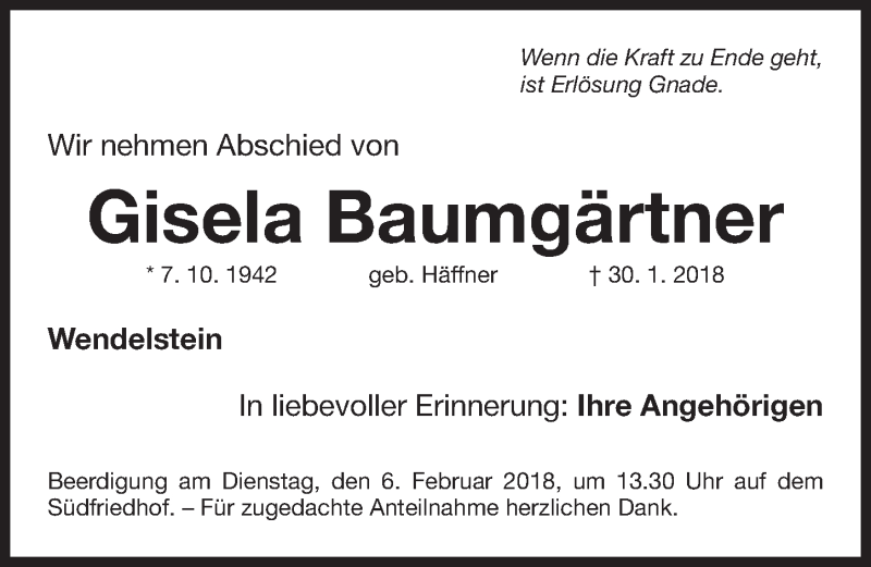  Traueranzeige für Gisela Baumgärtner vom 03.02.2018 aus Gesamtausgabe Nürnberger Nachrichten/ Nürnberger Ztg.