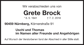Traueranzeige von Grete Brock von Gesamtausgabe Nürnberger Nachrichten/ Nürnberger Ztg.