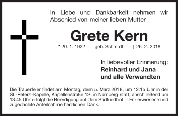 Traueranzeige von Grete Kern von Gesamtausgabe Nürnberger Nachrichten/ Nürnberger Ztg.