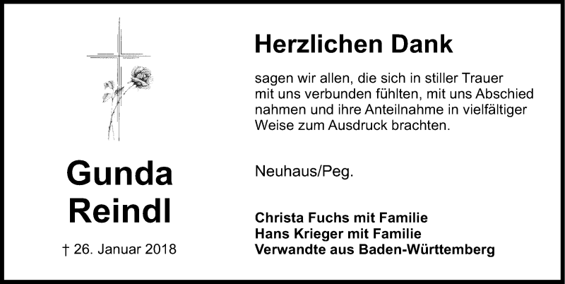  Traueranzeige für Gunda Reindl vom 24.02.2018 aus Nordbayerische Nachrichten Pegnitz Lokal