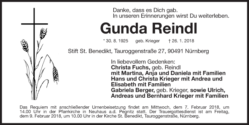  Traueranzeige für Gunda Reindl vom 03.02.2018 aus Gesamtausgabe Nürnberger Nachrichten/ Nürnberger Ztg./ Nordbayer. Nachrichten Pegnitz