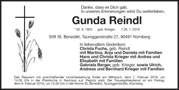 Traueranzeige von Gunda Reindl von Gesamtausgabe Nürnberger Nachrichten/ Nürnberger Ztg./ Nordbayer. Nachrichten Pegnitz