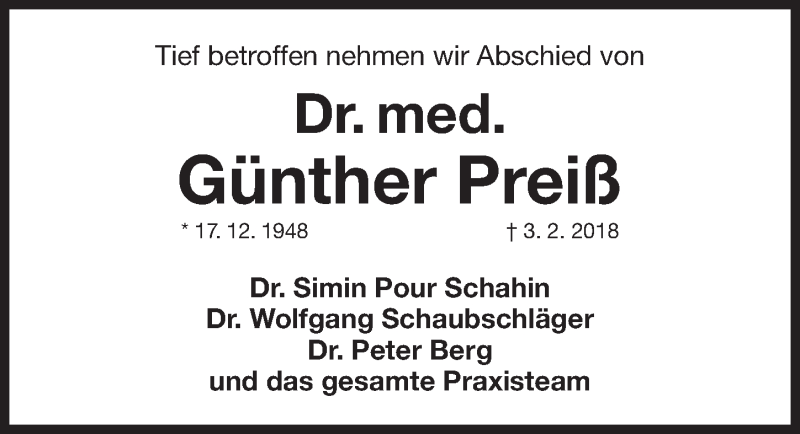  Traueranzeige für Günther Preiß  vom 08.02.2018 aus Erlanger Nachrichten Lokal