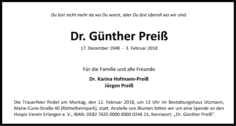  Traueranzeige für Günther Preiß  vom 07.02.2018 aus Erlanger Nachrichten Lokal