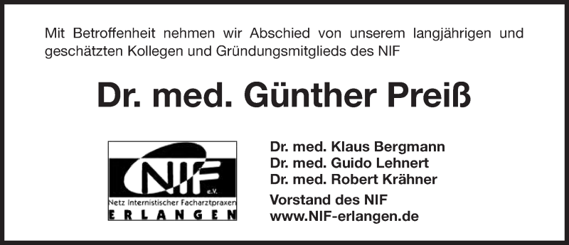  Traueranzeige für Günther Preiß  vom 10.02.2018 aus Erlanger Nachrichten Lokal