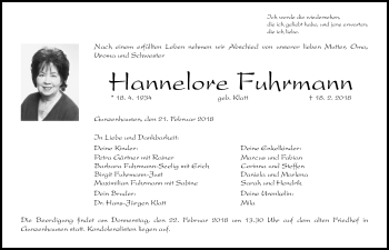 Traueranzeige von Hannelore Fuhrmann von Altmühl-Bote Lokal