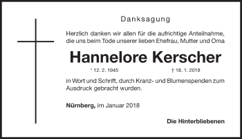 Traueranzeige von Hannelore Kerscher von Gesamtausgabe Nürnberger Nachrichten/ Nürnberger Ztg.