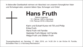 Traueranzeige von Hans Fruth von Gesamtausgabe Nürnberger Nachrichten/ Nürnberger Ztg.