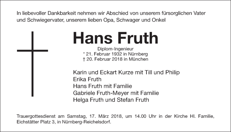  Traueranzeige für Hans Fruth vom 24.02.2018 aus Gesamtausgabe Nürnberger Nachrichten/ Nürnberger Ztg.