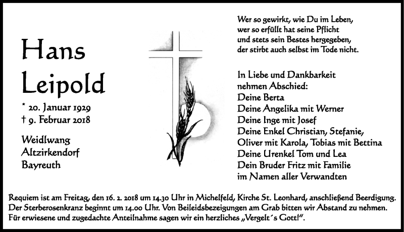  Traueranzeige für Hans Leipold vom 12.02.2018 aus Nordbayerische Nachrichten Pegnitz Lokal