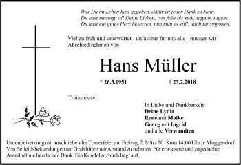 Traueranzeige von Hans Müller von Nordbayerische Nachrichten Forchheim Lokal