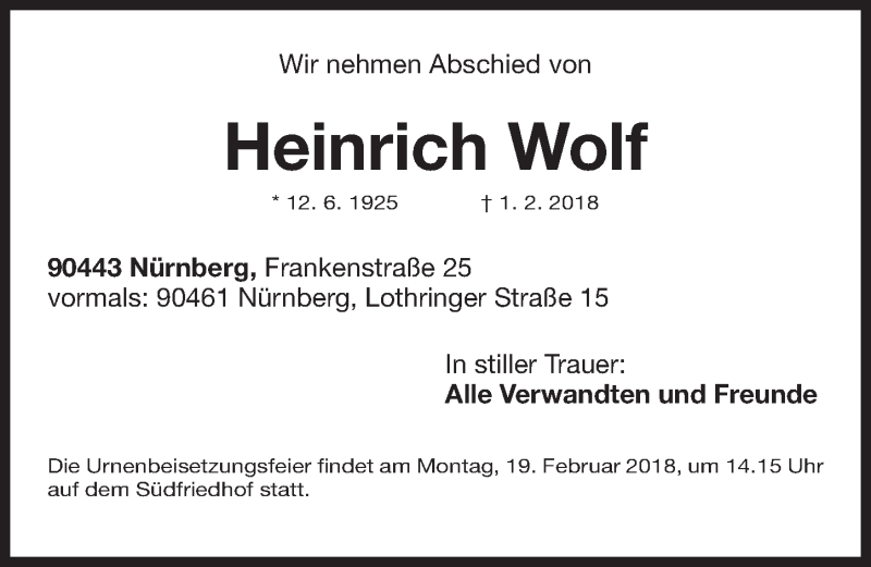  Traueranzeige für Heinrich Wolf vom 17.02.2018 aus Gesamtausgabe Nürnberger Nachrichten/ Nürnberger Ztg.